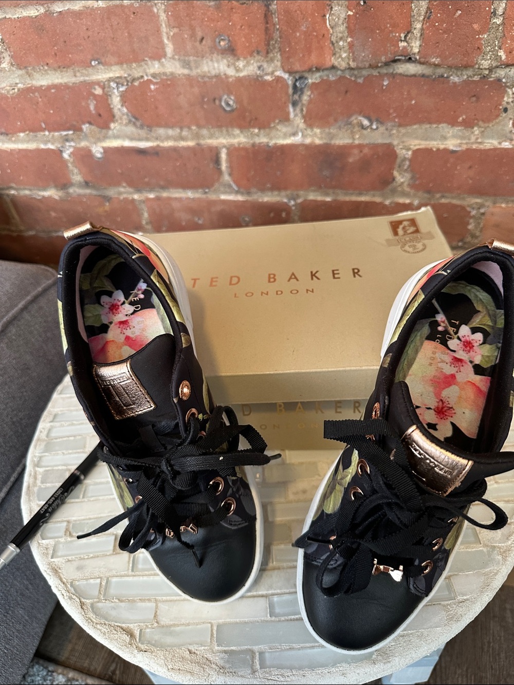 Ted Baker Black High-Top Sneakers with Floral Insole and Rose Gold Trim